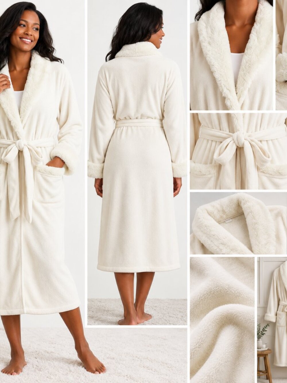 Pottery Barn Ivory Plush Fleece Robe Faux Fur Trim Belted Cozy Quiet Lux Sz M